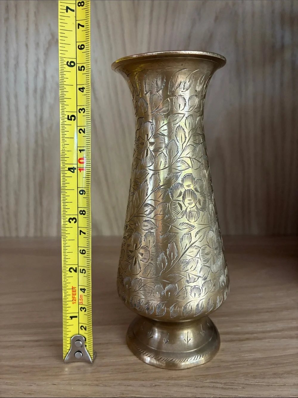 Vintage Brass Floral Etched Vase